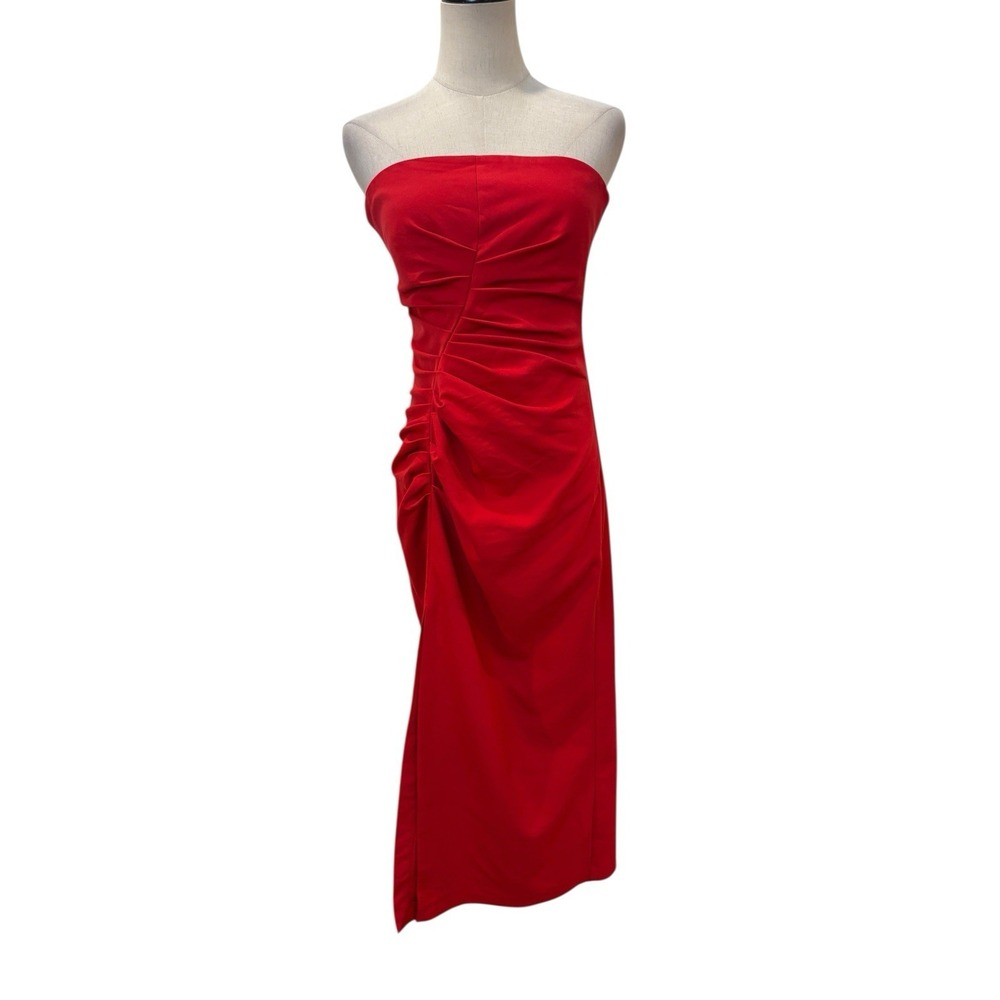 Zara Red Strapless Midi Dress Ruched Bodycon Front Slit Sz‎ M Minimalist Party